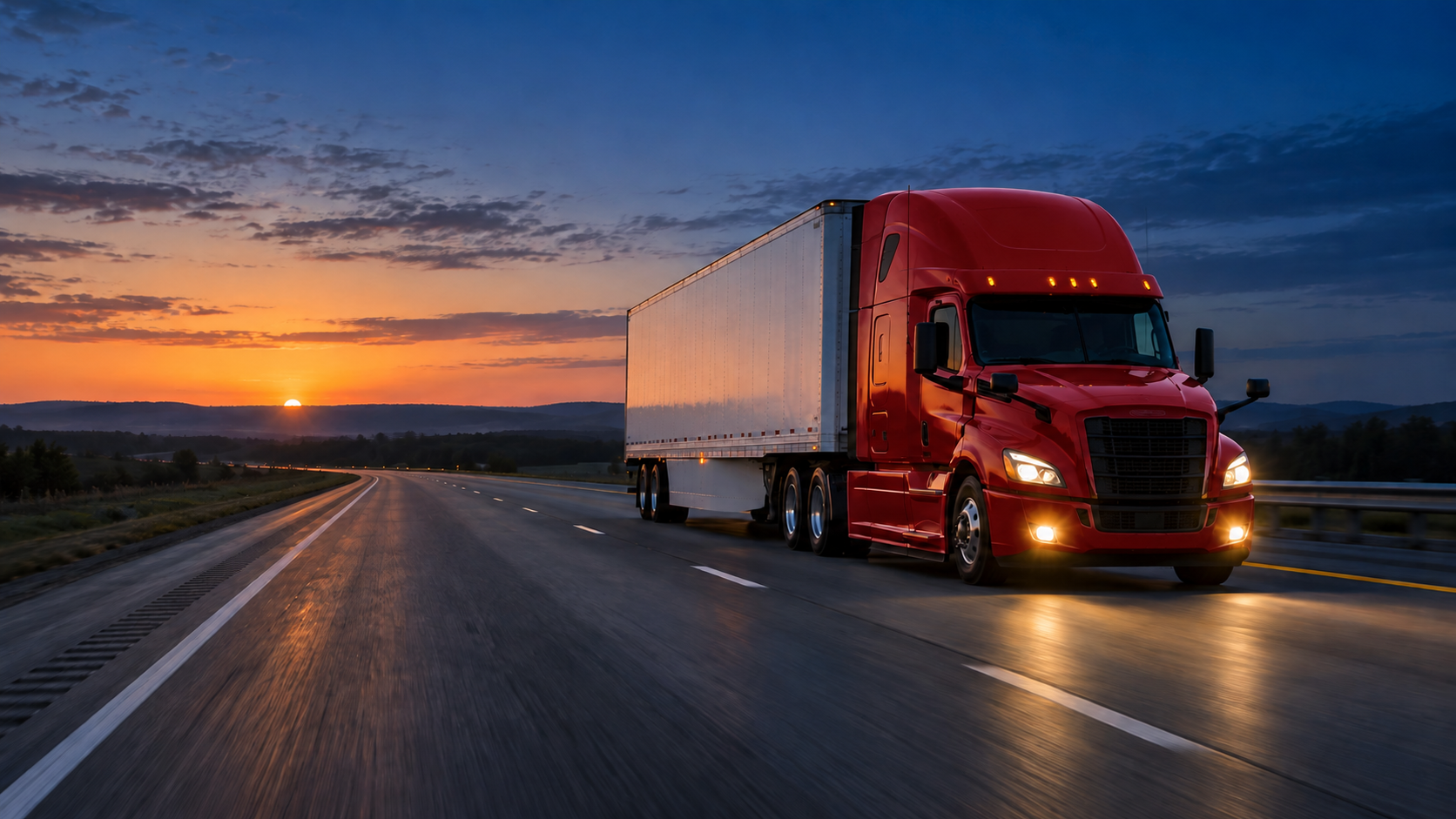White dry van semi truck on an open interstate at dawn